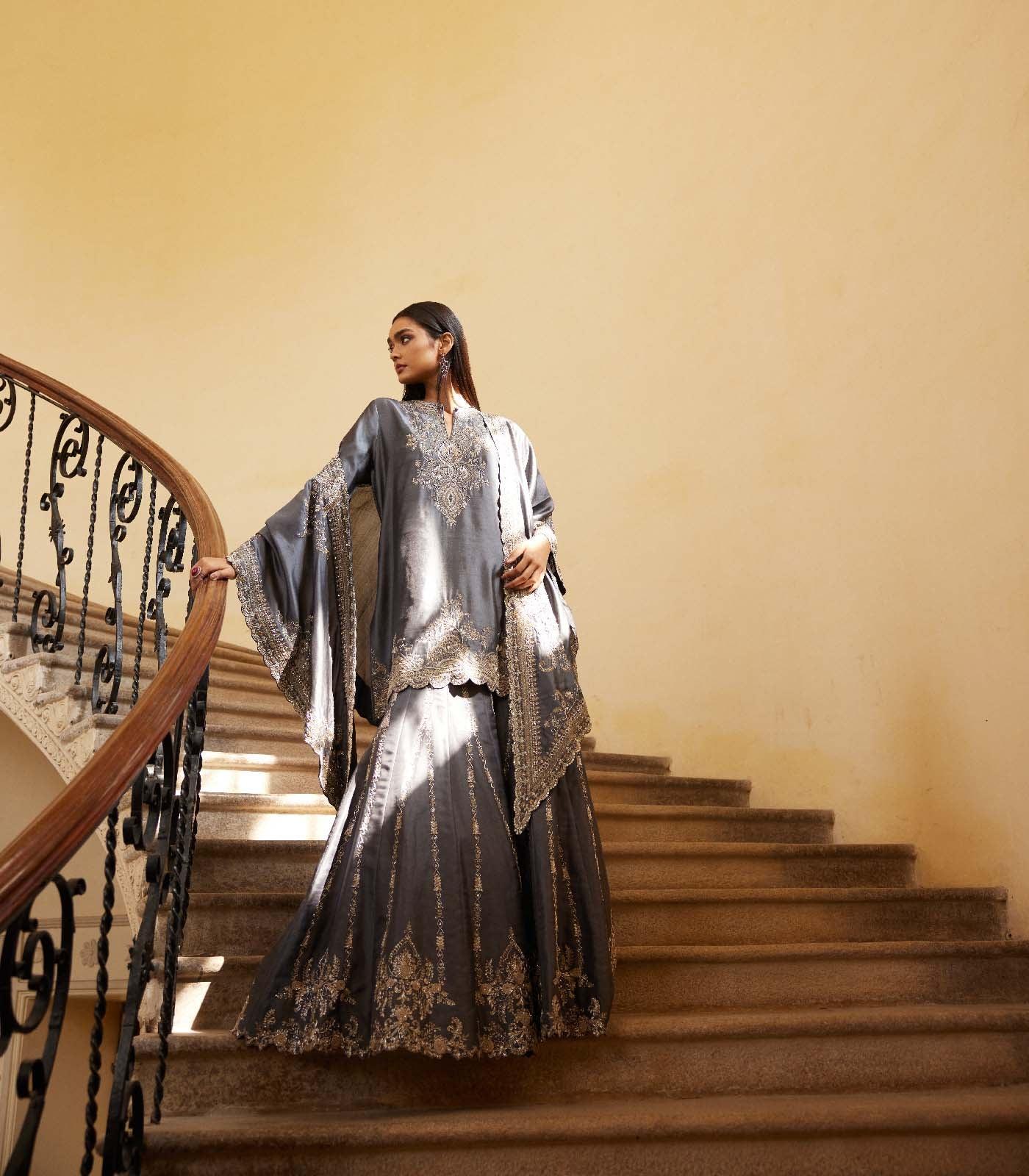 Teal grey sharara cape Set - Jayanti Reddy