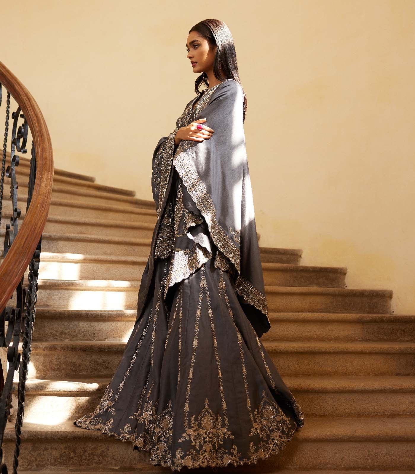 Teal grey sharara cape Set - Jayanti Reddy