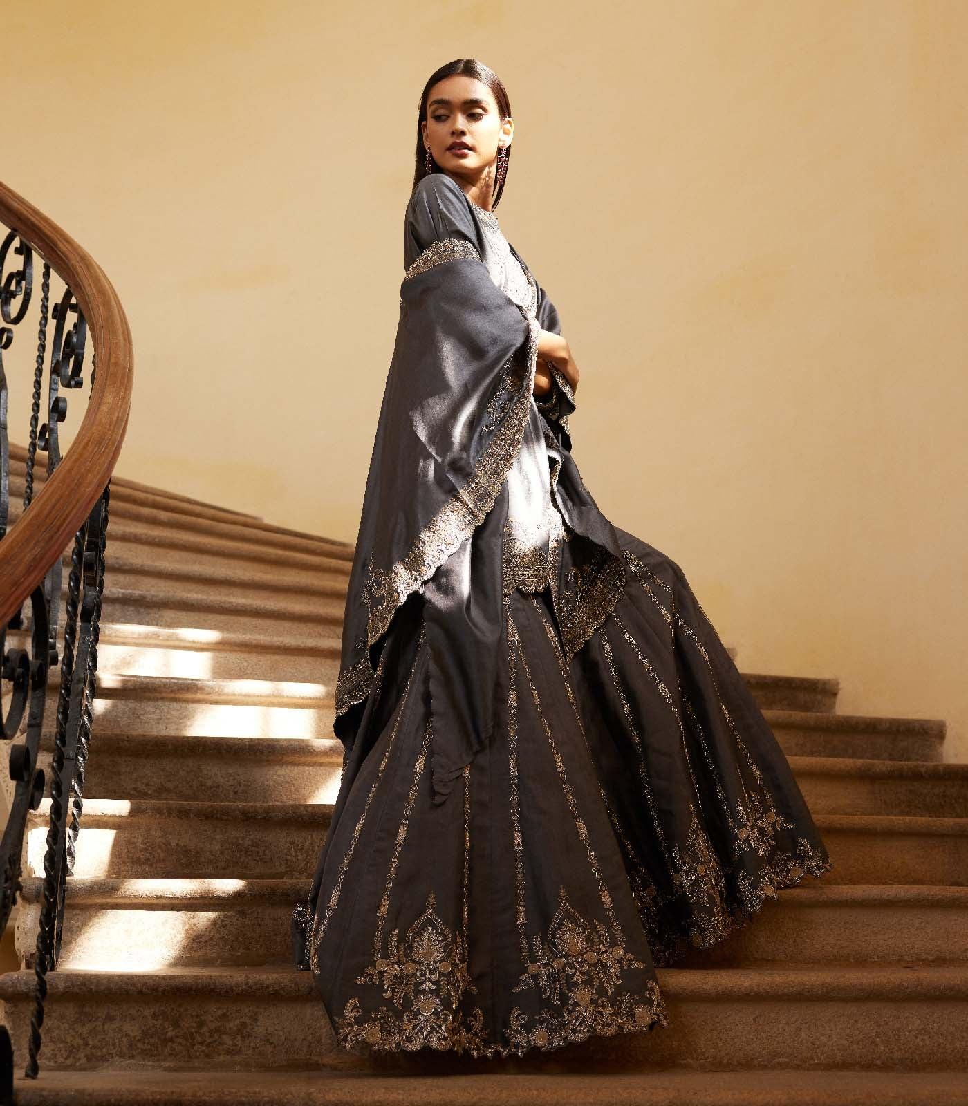 Teal grey sharara cape Set - Jayanti Reddy