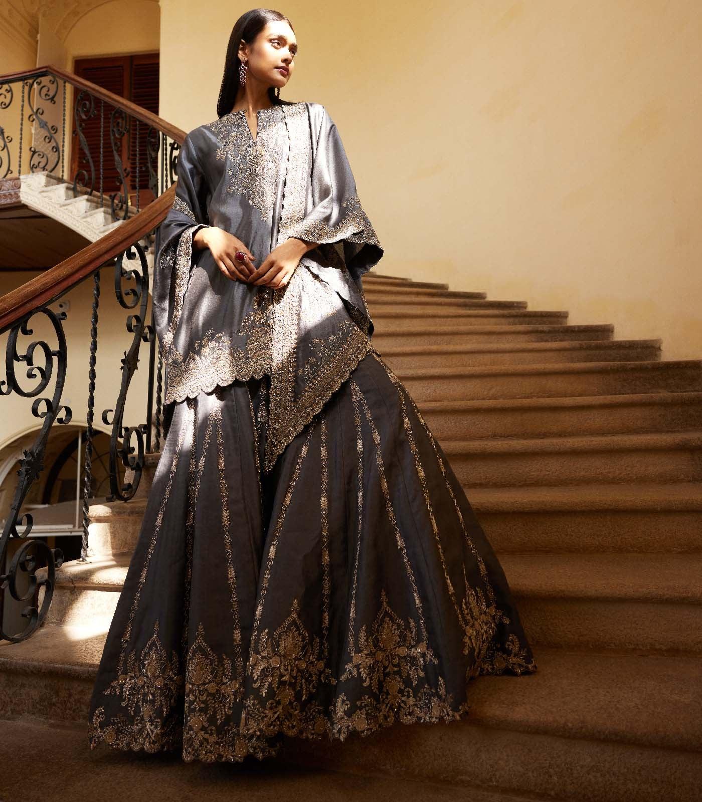 Teal grey sharara cape Set - Jayanti Reddy