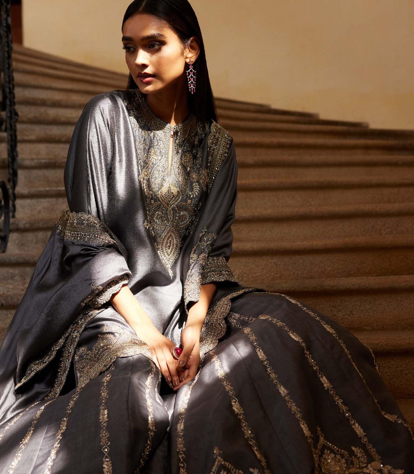 Teal grey sharara cape Set - Jayanti Reddy