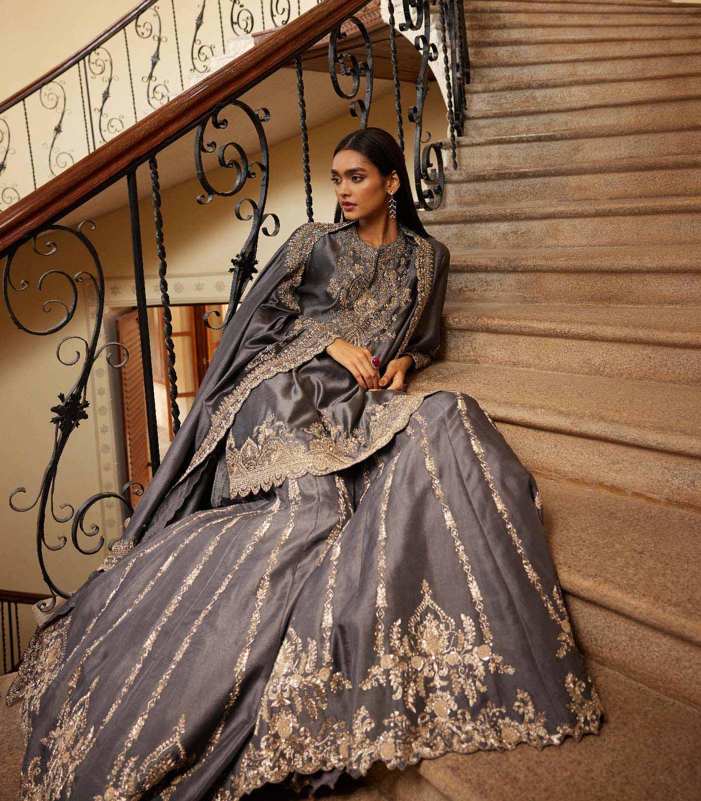 Teal grey sharara cape Set - Jayanti Reddy