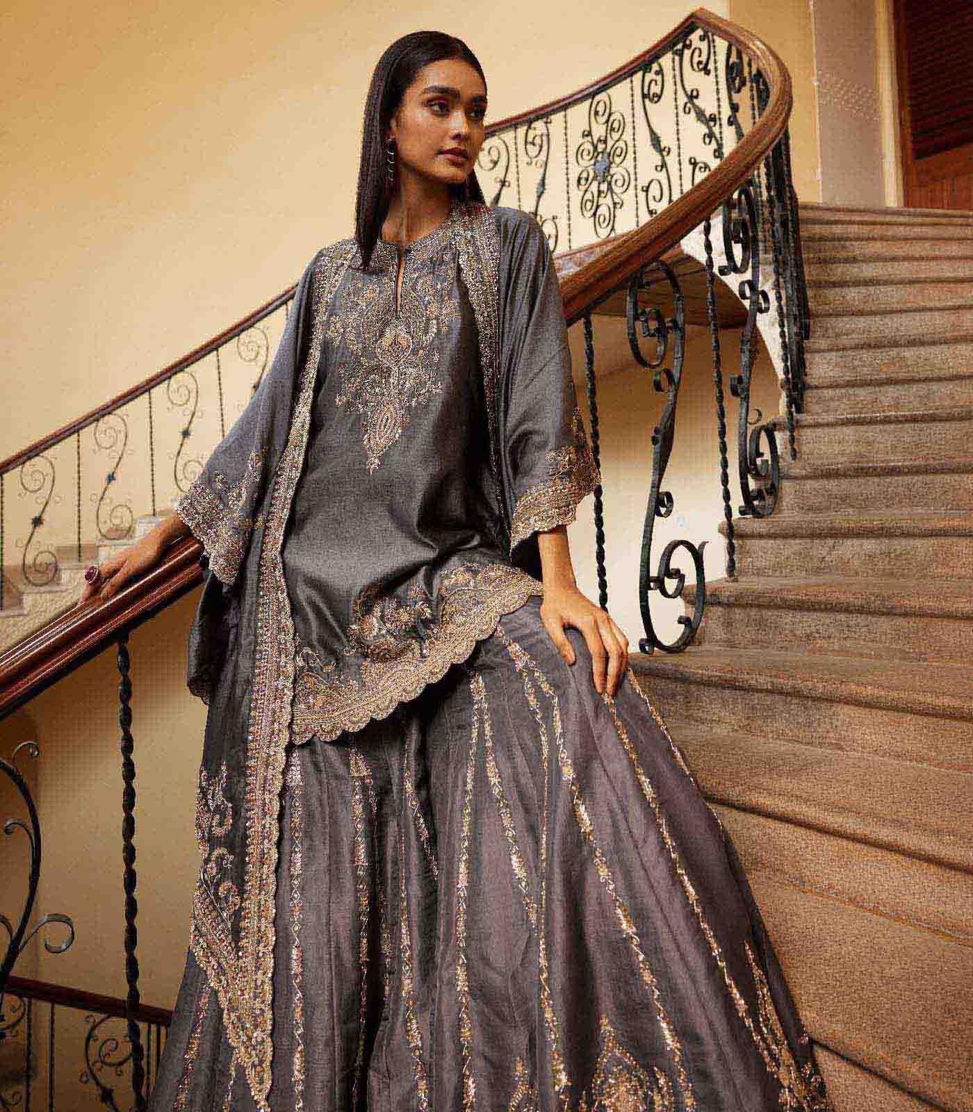 Teal grey sharara cape Set - Jayanti Reddy