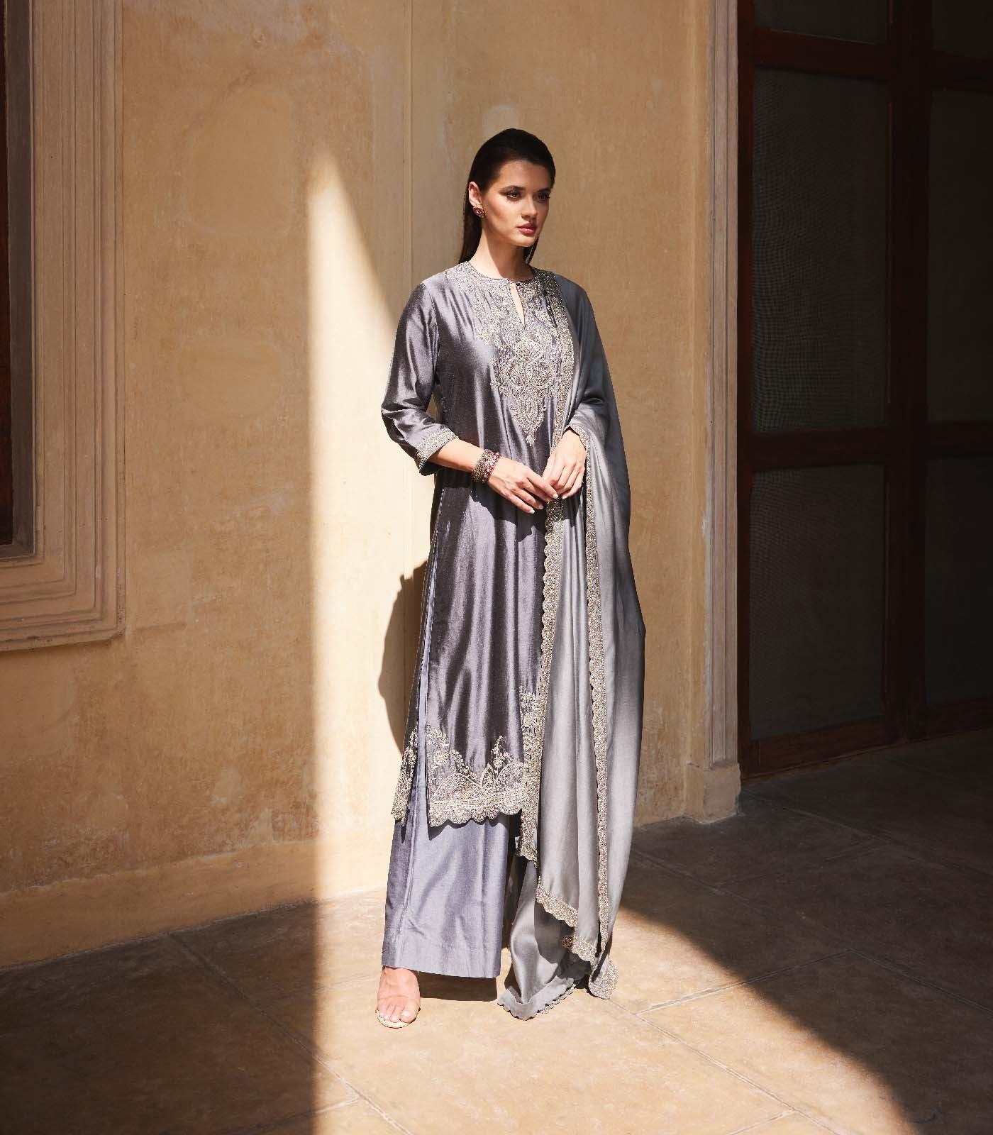 Teal grey embroidered kurta Set - Jayanti Reddy
