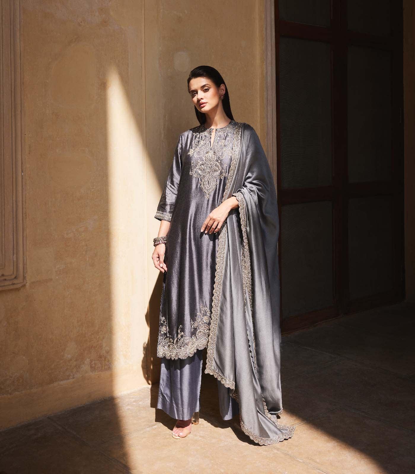 Teal grey embroidered kurta Set - Jayanti Reddy