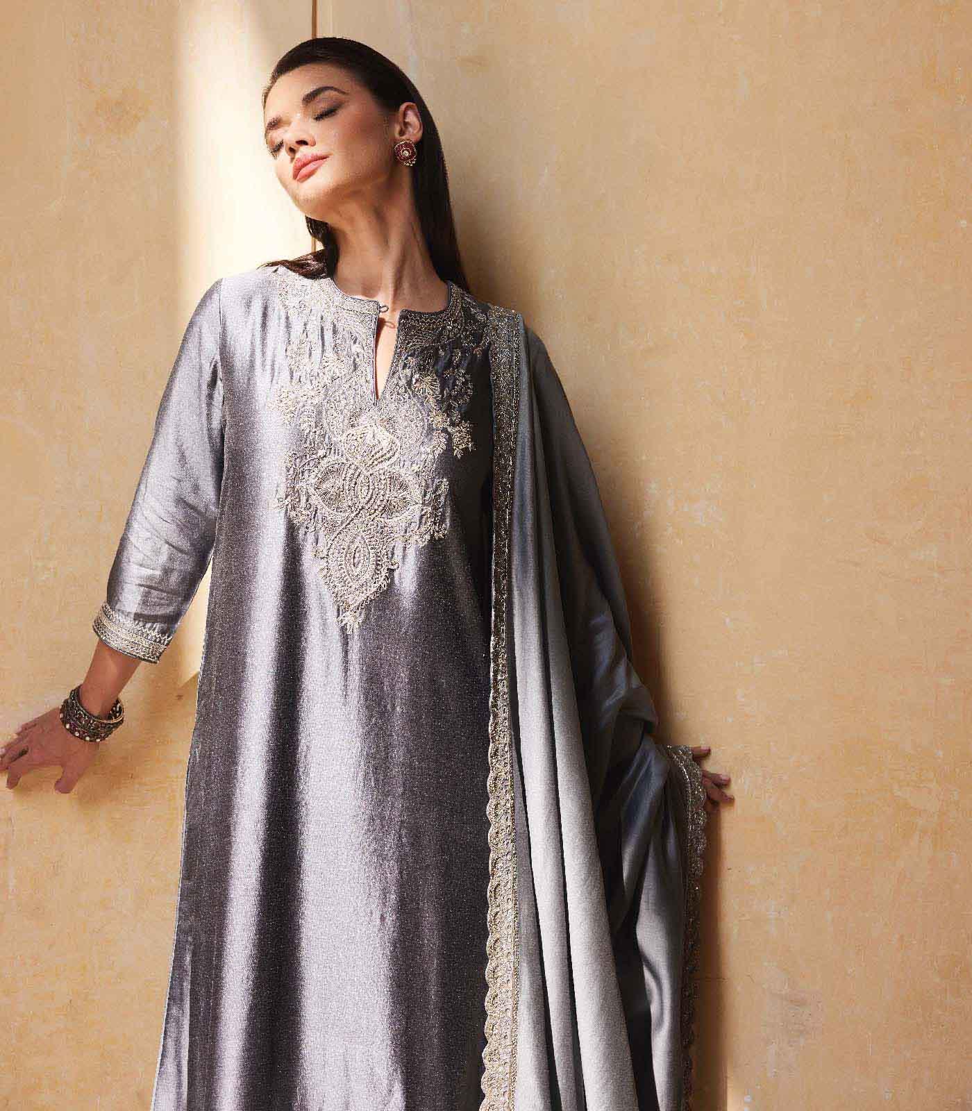 Teal grey embroidered kurta Set - Jayanti Reddy