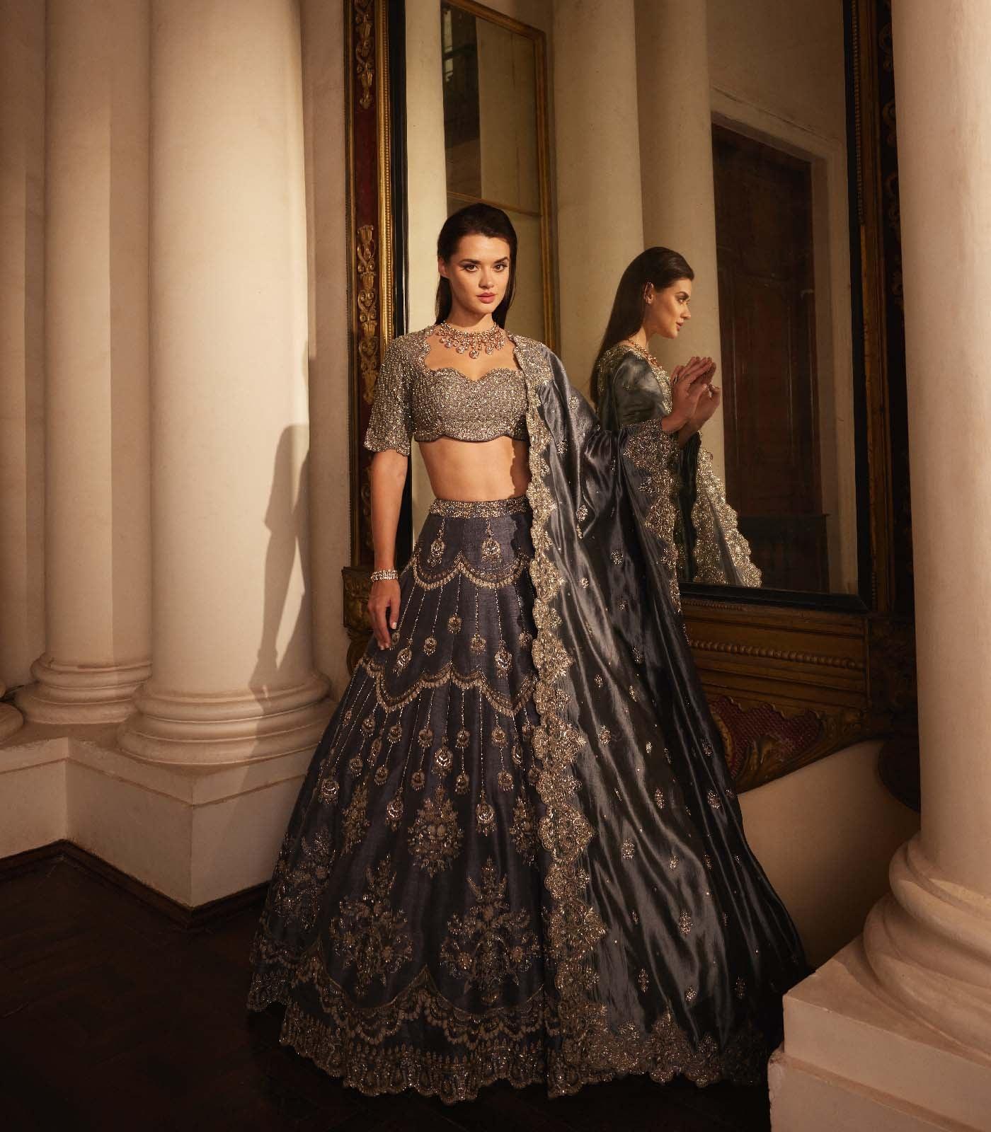 Teal Grey Embroidered lehenga Set - Jayanti Reddy