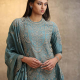 Aqua Blue Embroidered Kurta Set - Jayanti Reddy