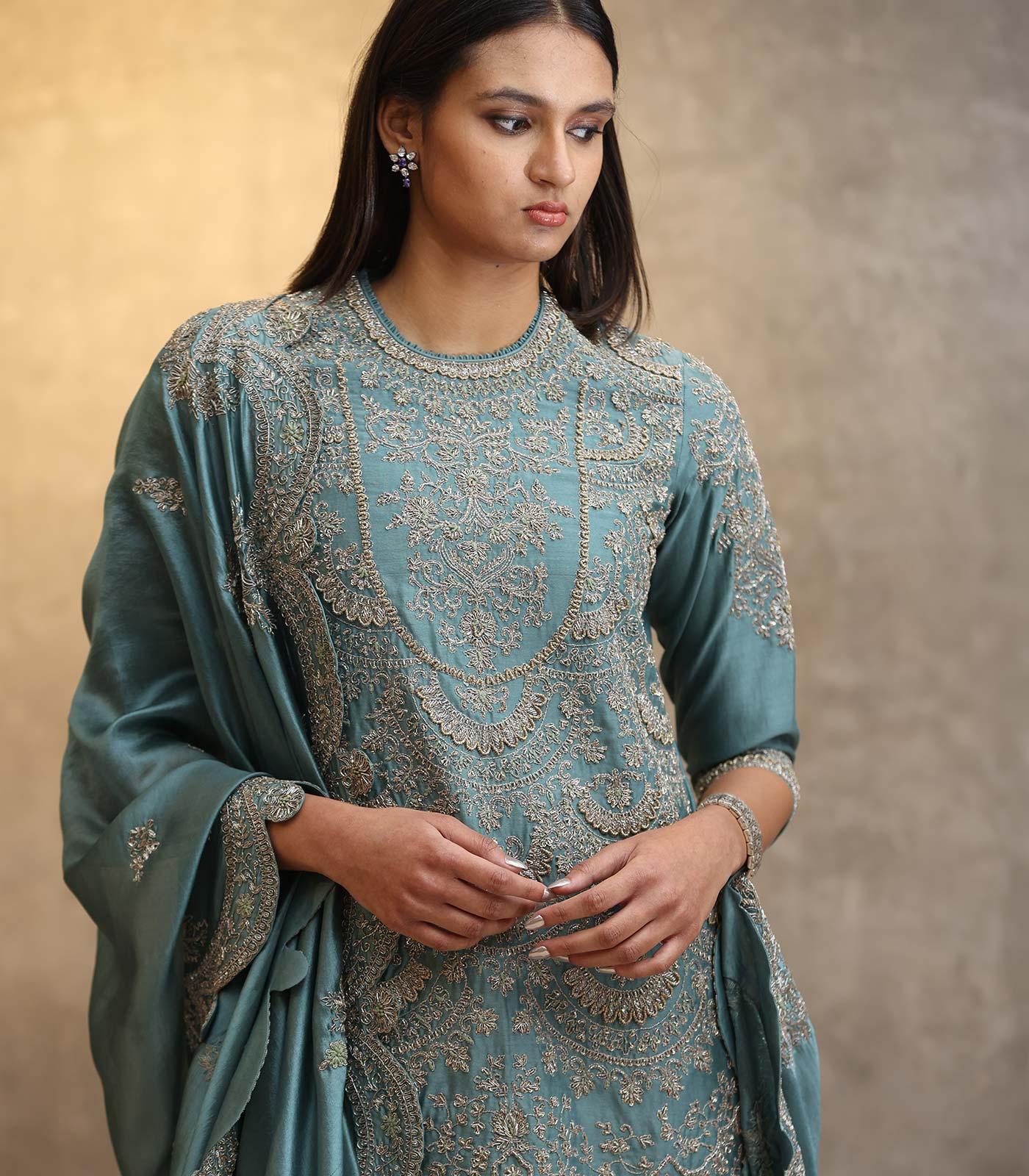 Aqua Blue Embroidered Kurta Set - Jayanti Reddy