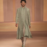 Mint raw silk sherwani set