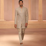 Gold raw silk sherwani set