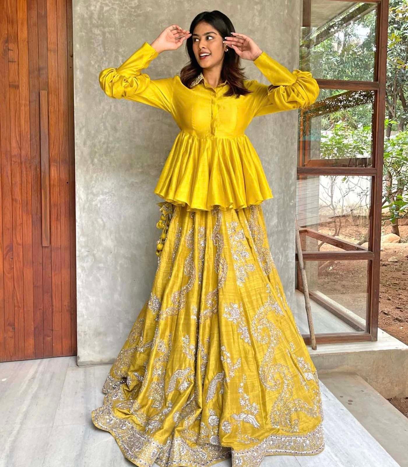 Divya Boppana in Mustard embroidered lehenga set - Jayanti Reddy