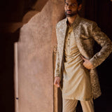 Golden beige raw silk sherwani set