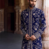 Purple raw silk sherwani set