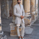 Beige raw silk sherwani set