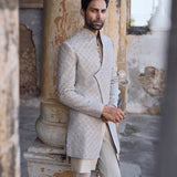 Beige raw silk sherwani set