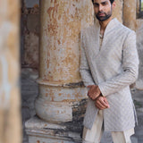 Beige raw silk sherwani set