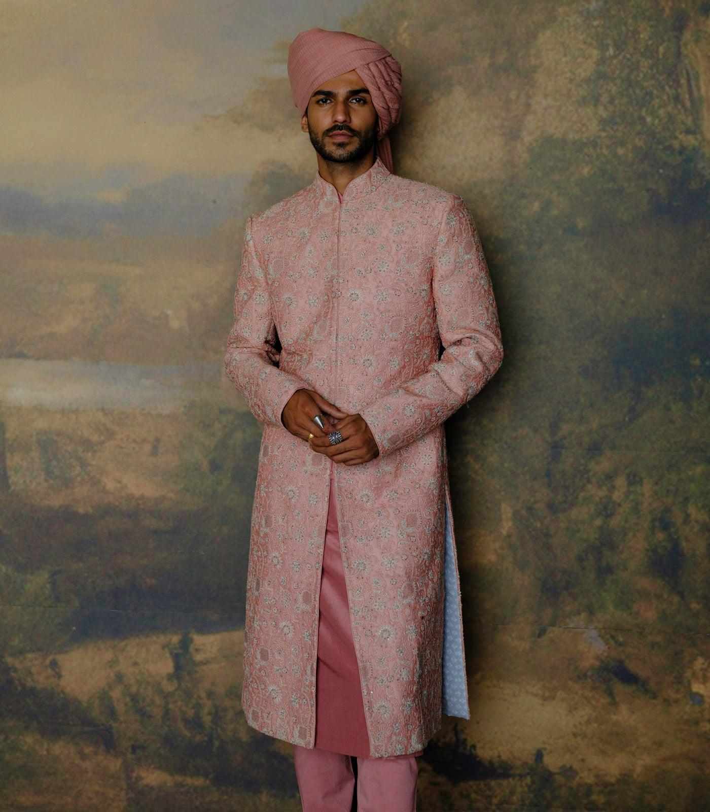 Peach Embroidered Sherwani Set - Jayanti Reddy