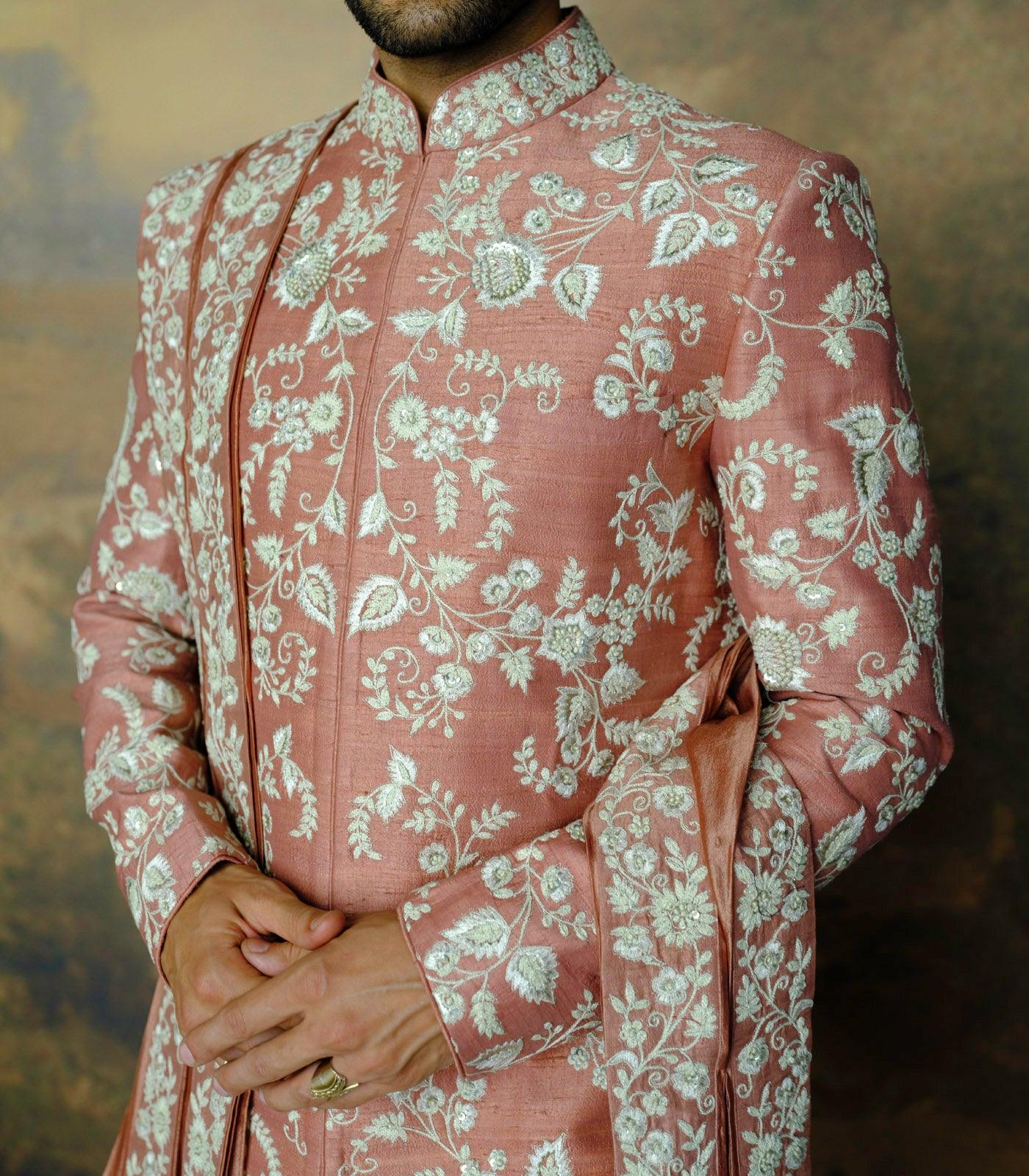 Peach Threadwork Sherwani Set - Jayanti Reddy