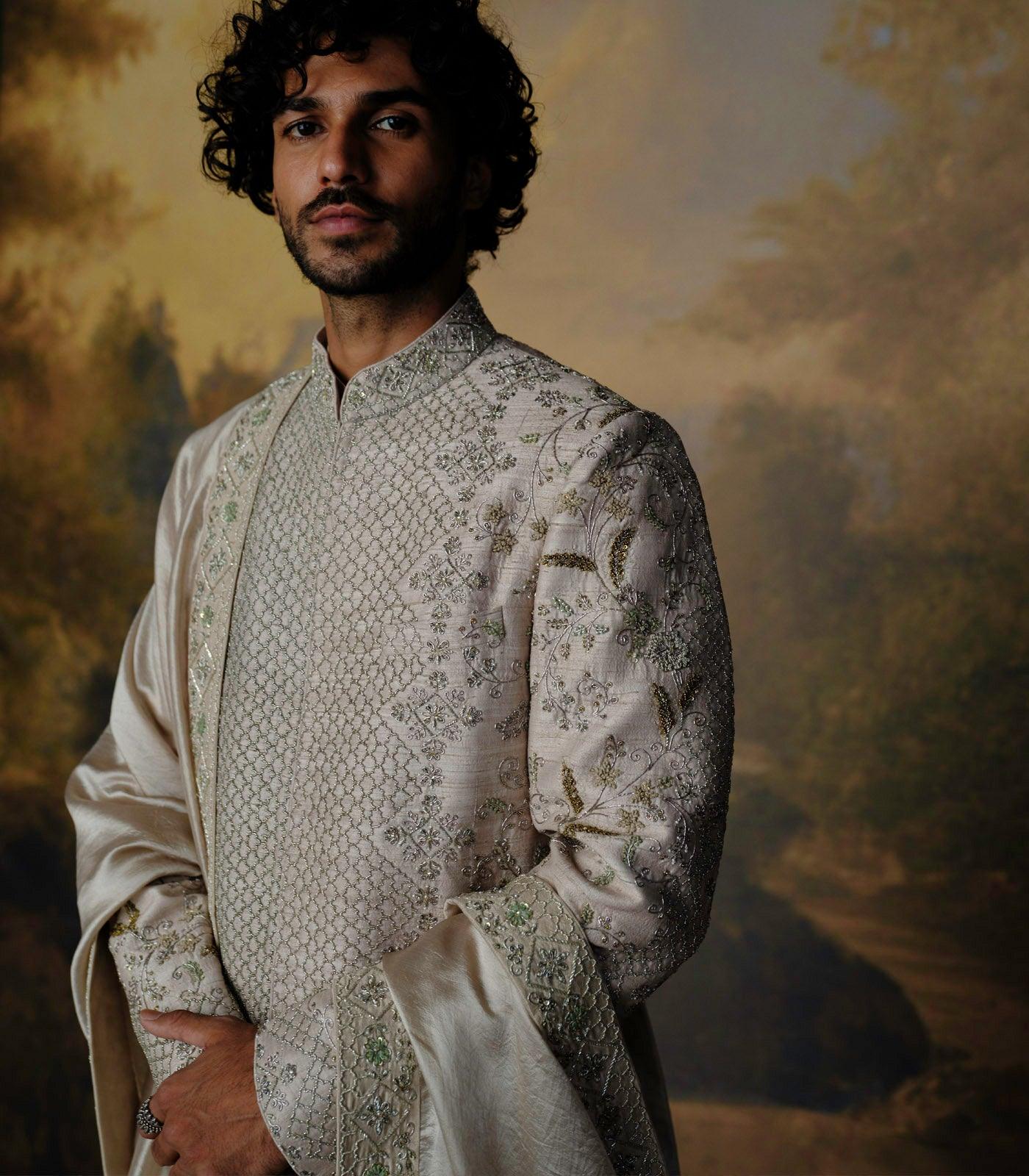 Beige Embroidered Sherwani Set - Jayanti Reddy
