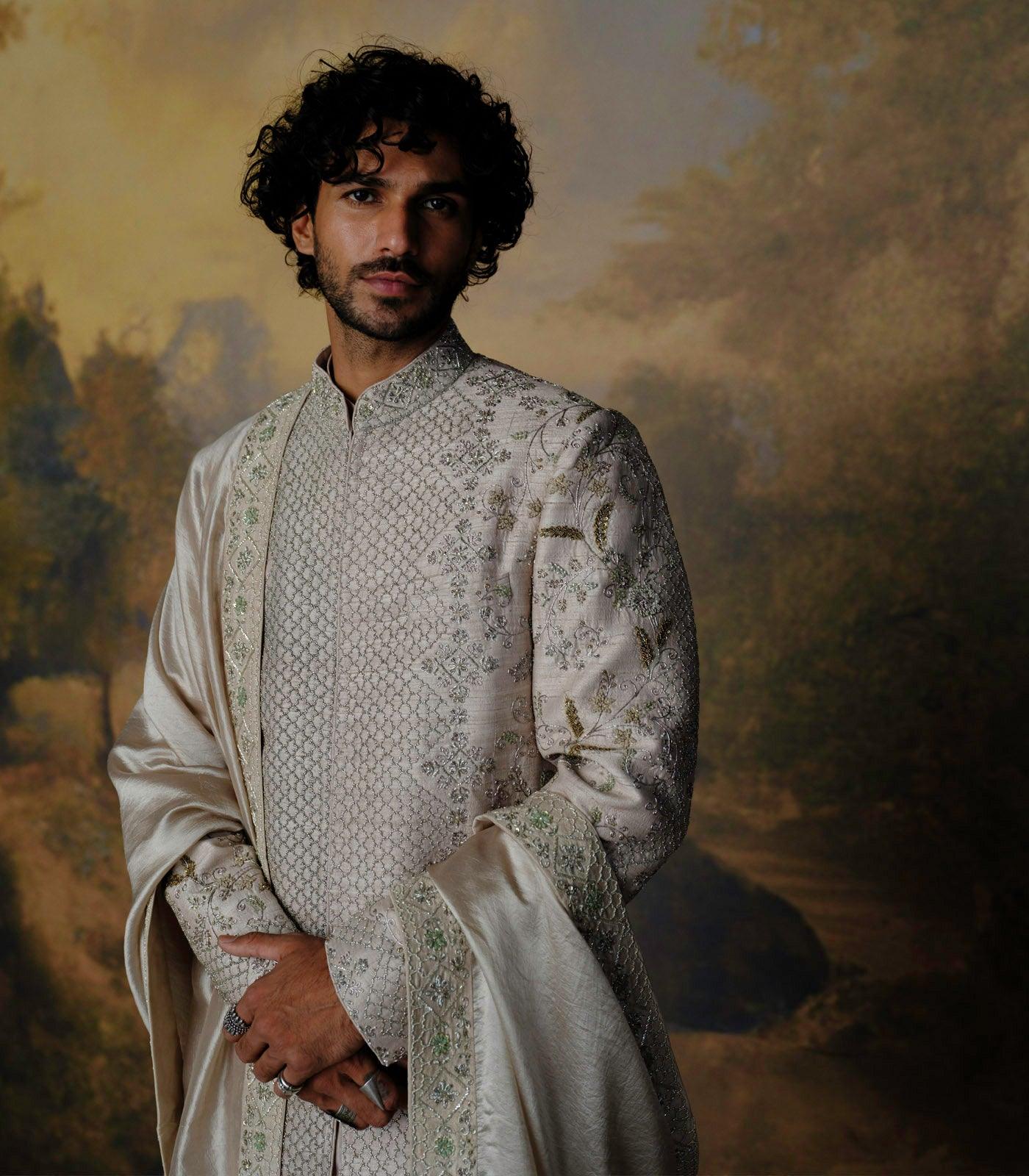Beige Embroidered Sherwani Set - Jayanti Reddy