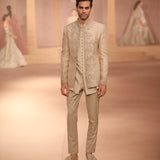 Beige gold raw silk bandhgala