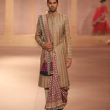 Beige gold raw silk sherwani set