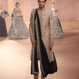 Beige raw silk sherwani set