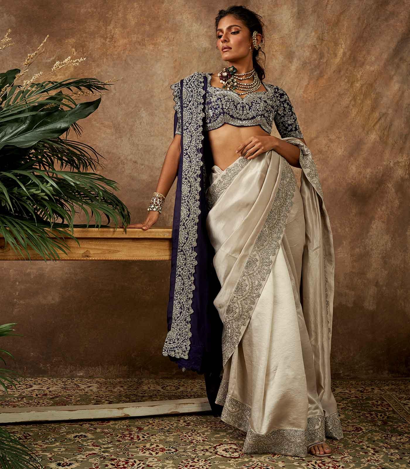 Beige embroidered saree set - Jayanti Reddy