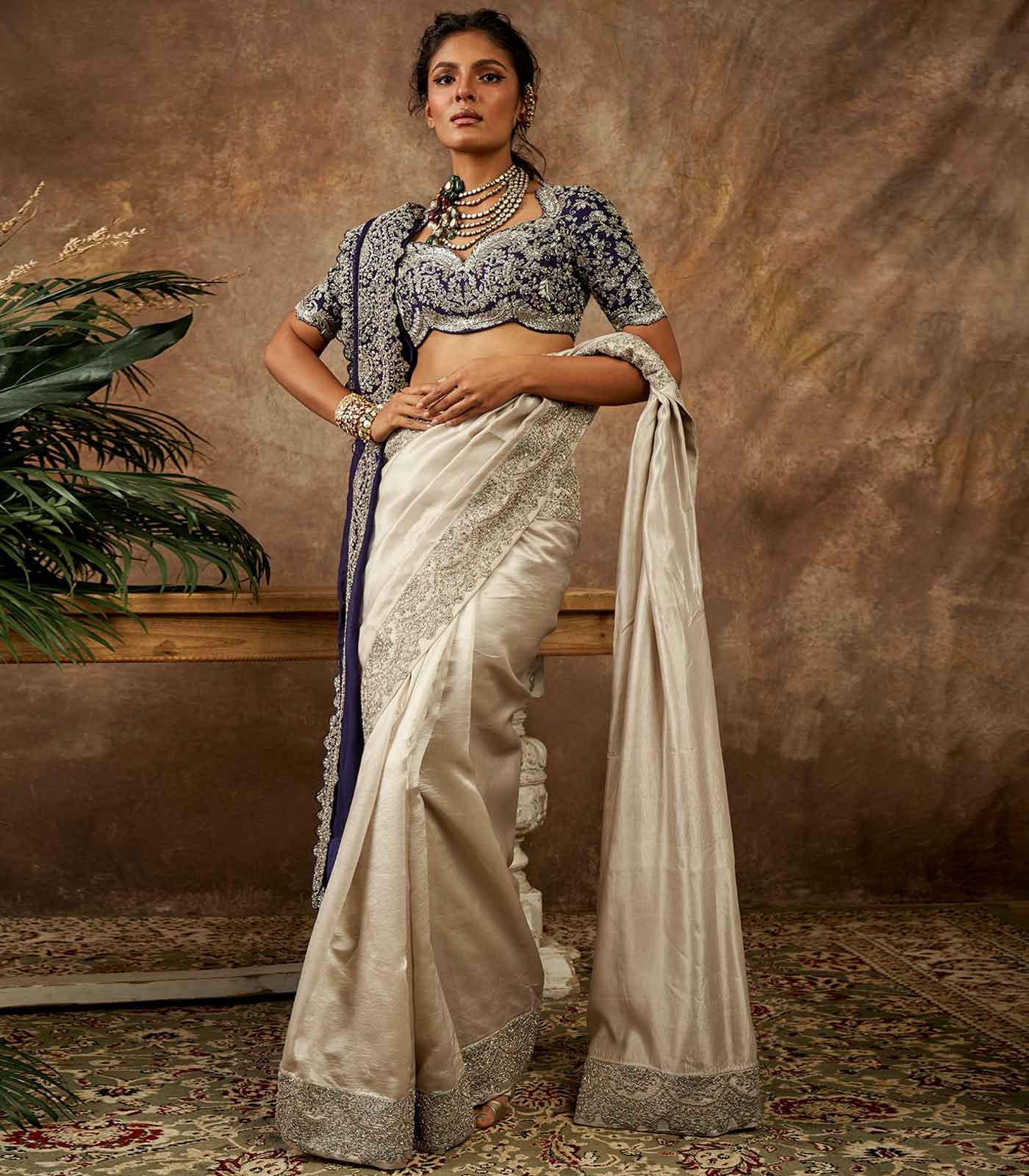 Beige embroidered saree set - Jayanti Reddy