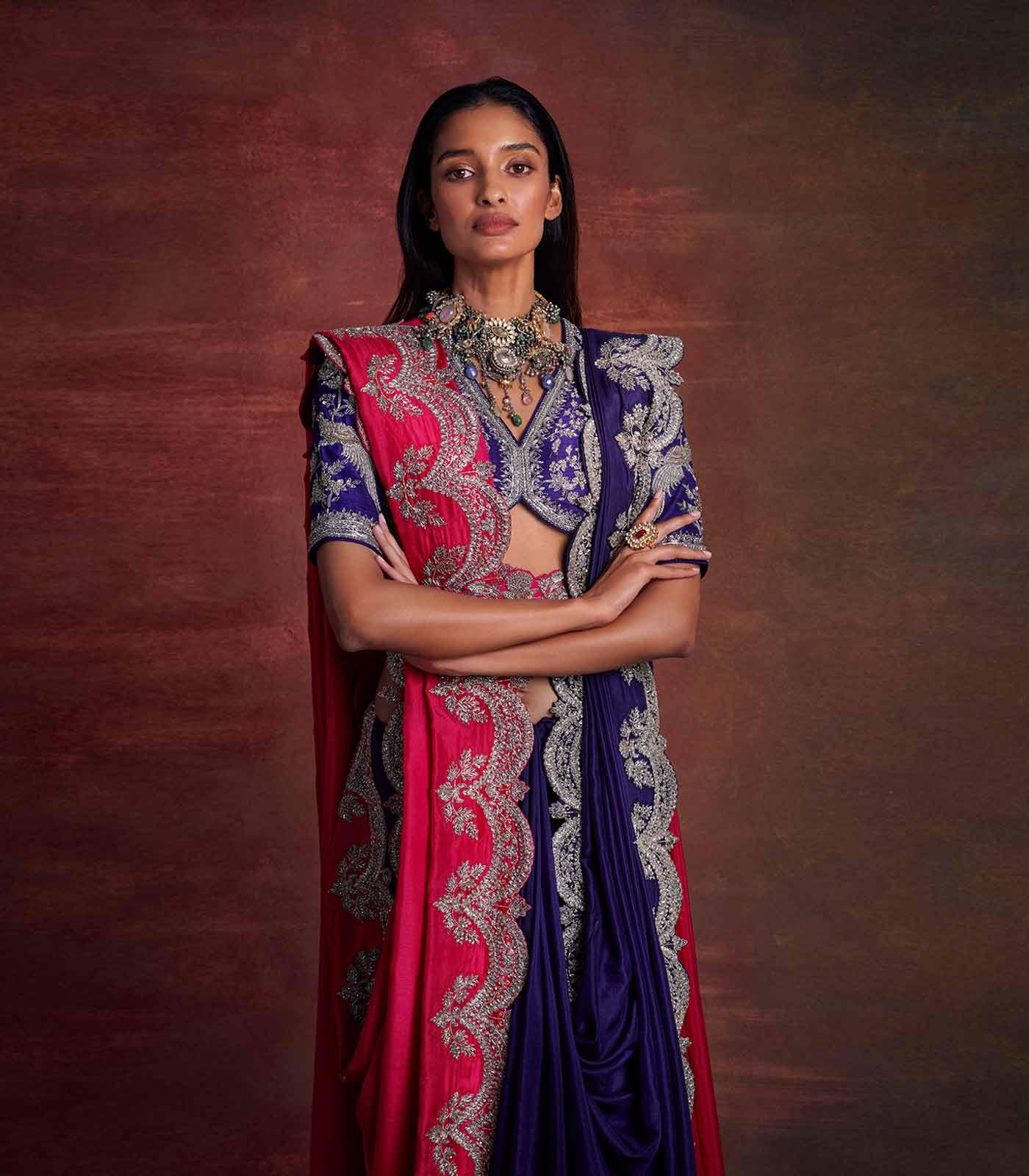 Purple and pink embroidered saree set - Jayanti Reddy