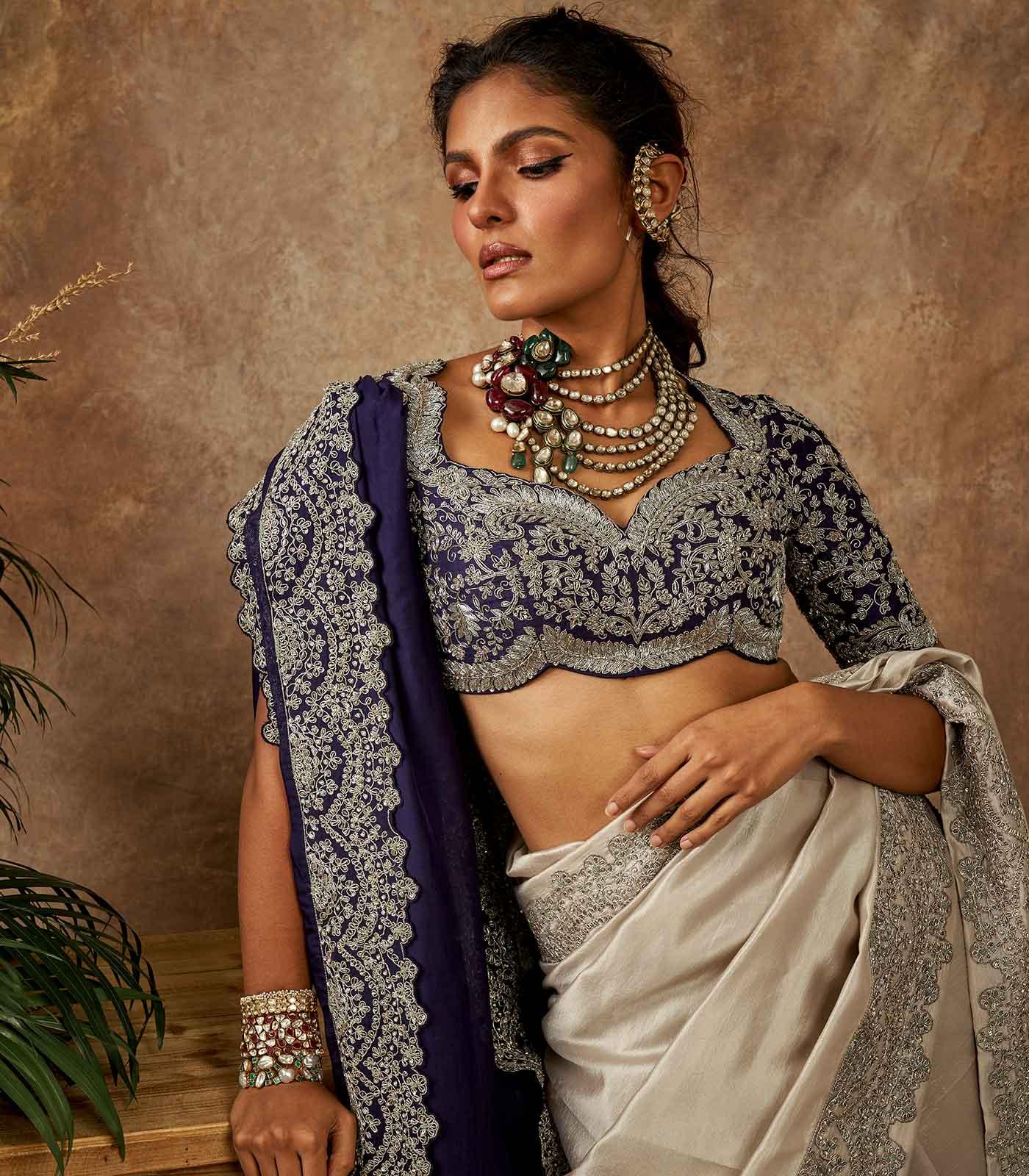 Beige embroidered saree set - Jayanti Reddy