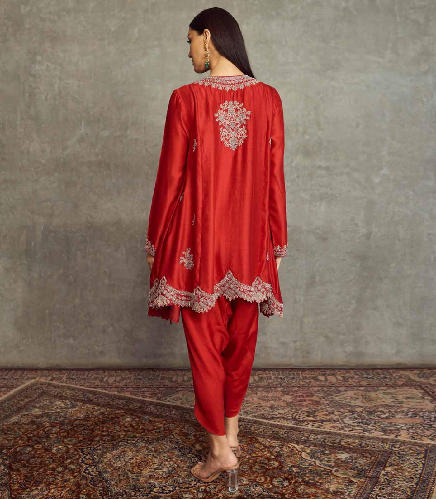 Red Embroidered Long Tunic Set - Jayanti Reddy