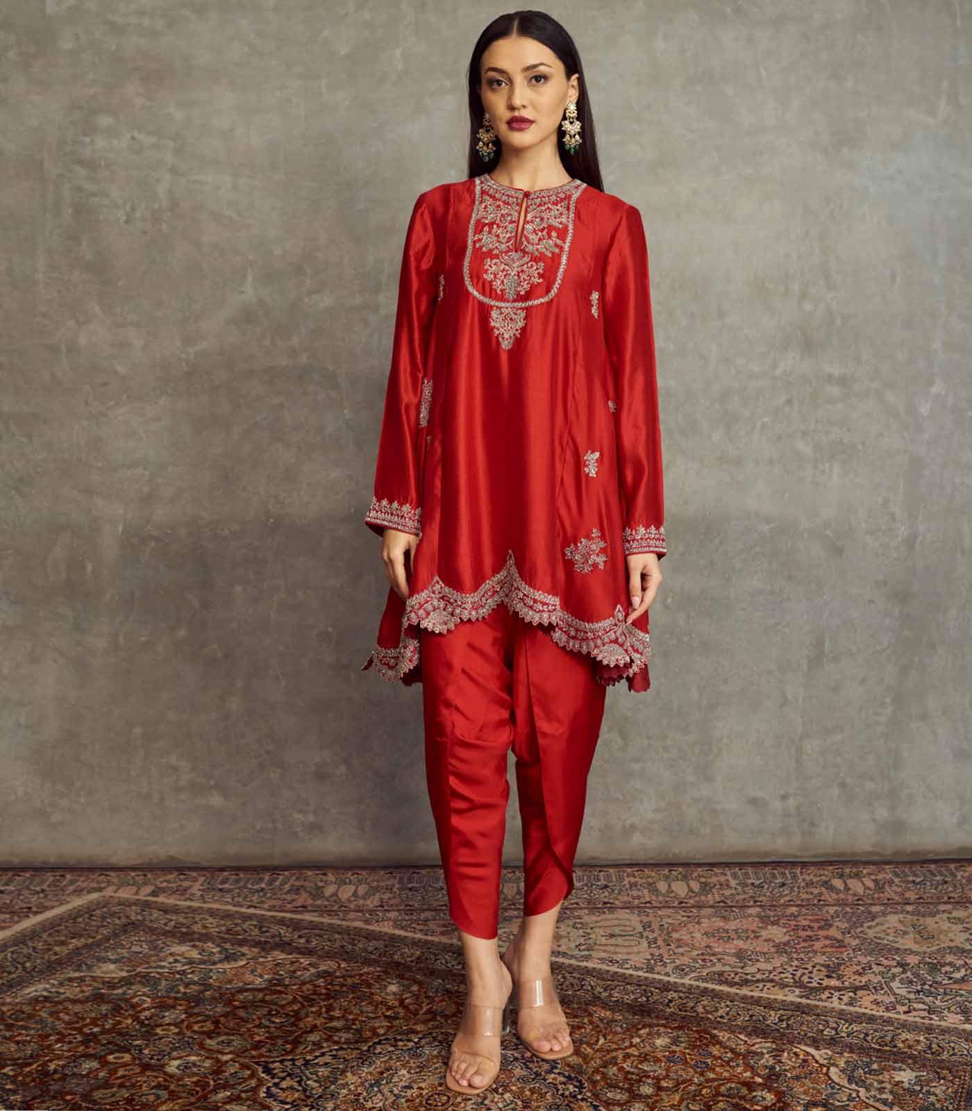 Red Embroidered Long Tunic Set - Jayanti Reddy