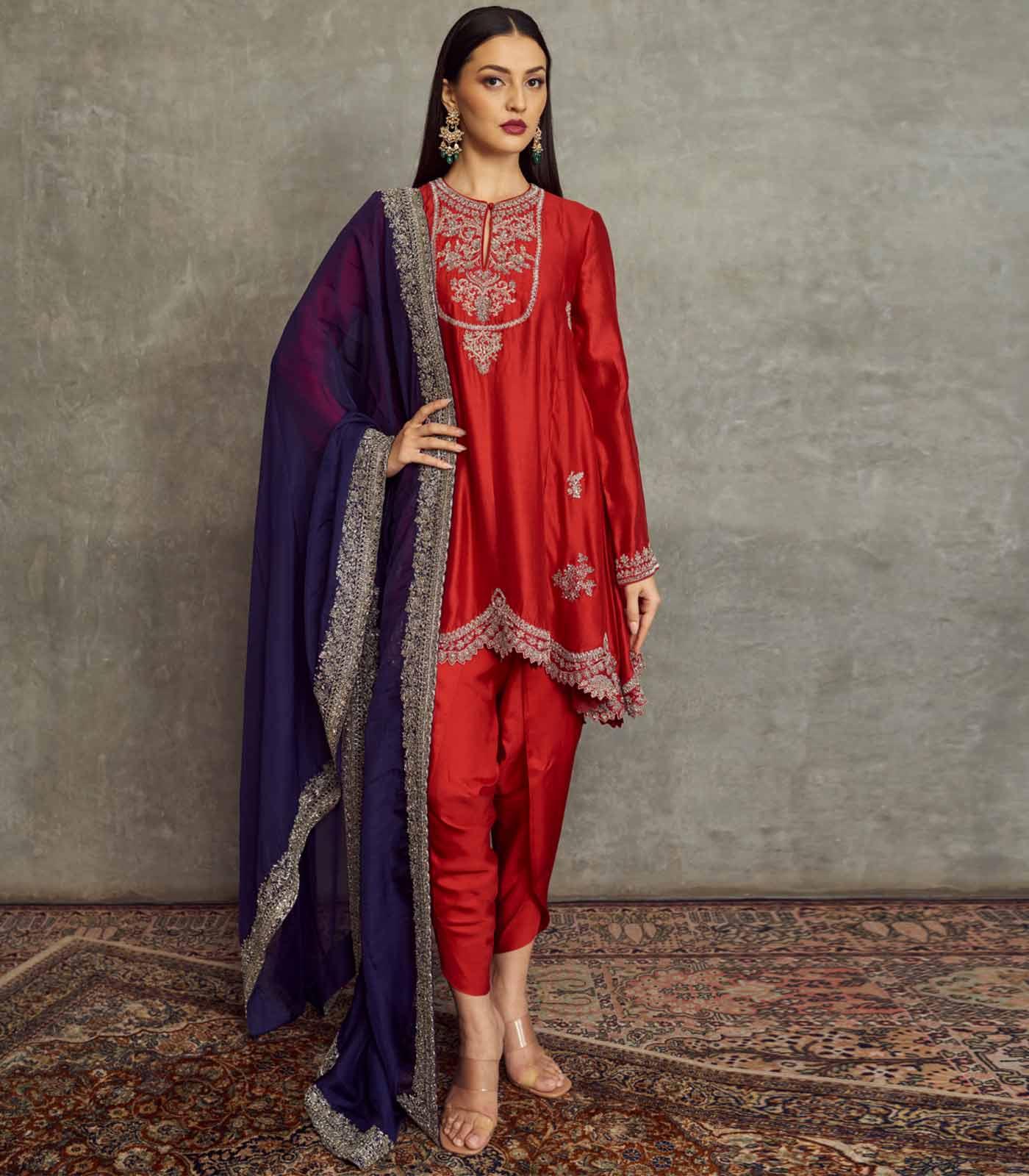 Red Embroidered Long Tunic Set - Jayanti Reddy