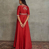 Red Embroidered Flared Kurta Set - Jayanti Reddy