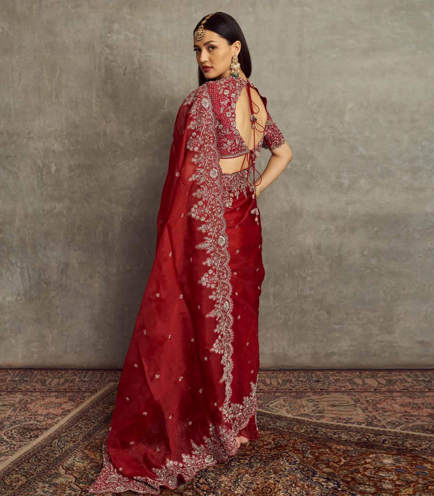 Red Embroidered Saree With Blouse - Jayanti Reddy