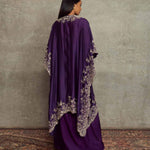 Purple Embroidered Cowl Skirt And Cape Set - Jayanti Reddy