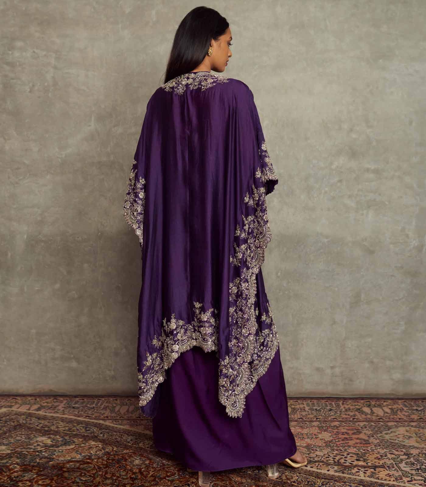 Purple Embroidered Cowl Skirt And Cape Set - Jayanti Reddy