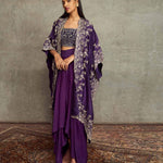 Purple Embroidered Cowl Skirt And Cape Set - Jayanti Reddy