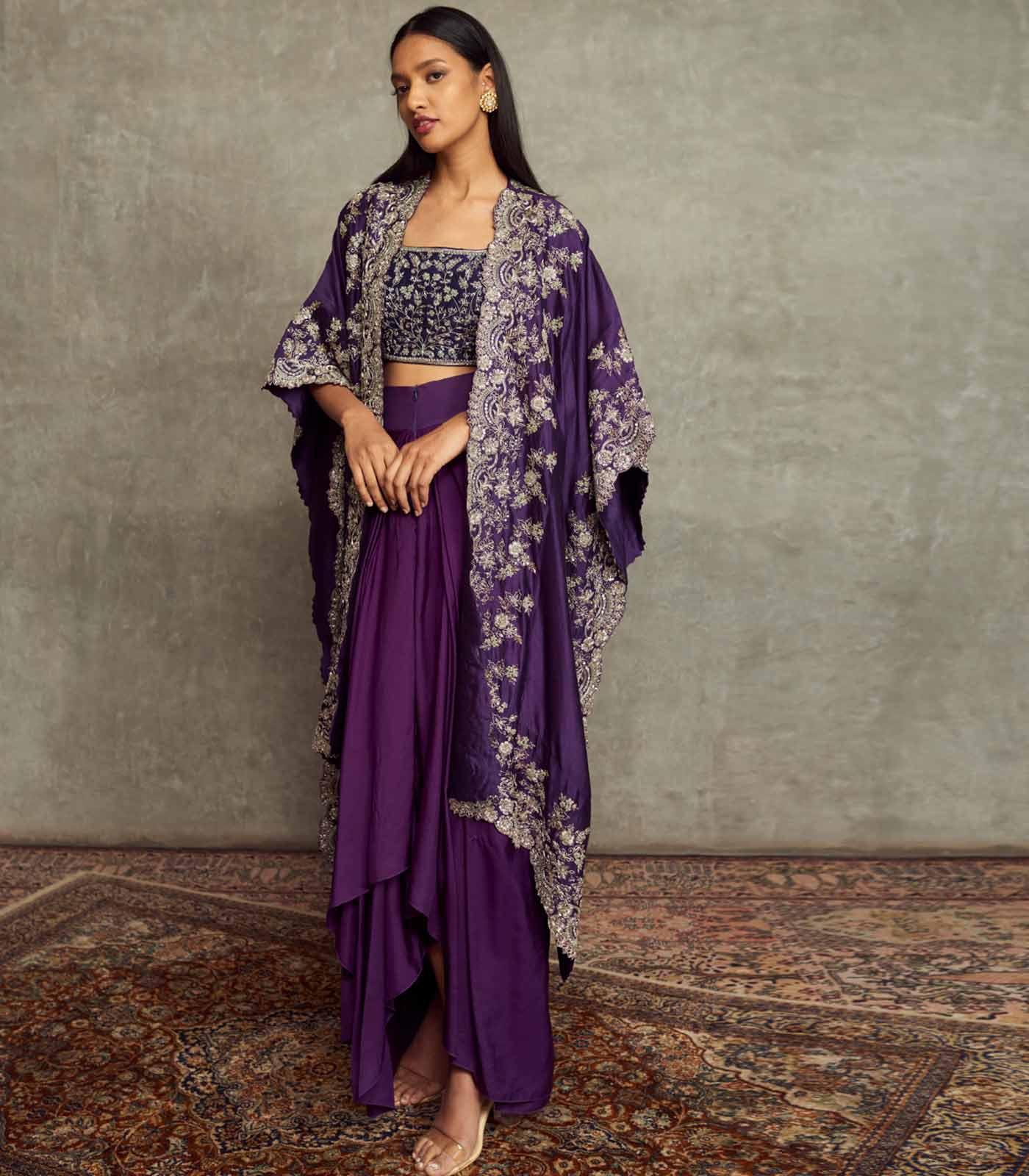 Purple Embroidered Cowl Skirt And Cape Set - Jayanti Reddy