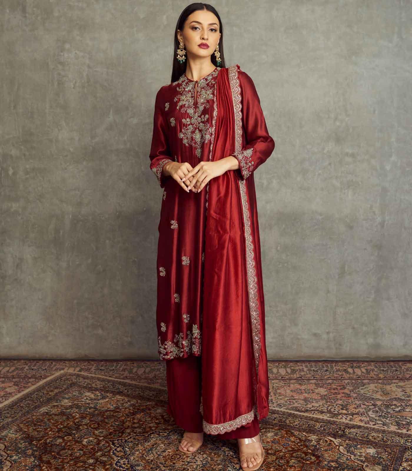 Maroon Embroidered Tunic Set - Jayanti Reddy