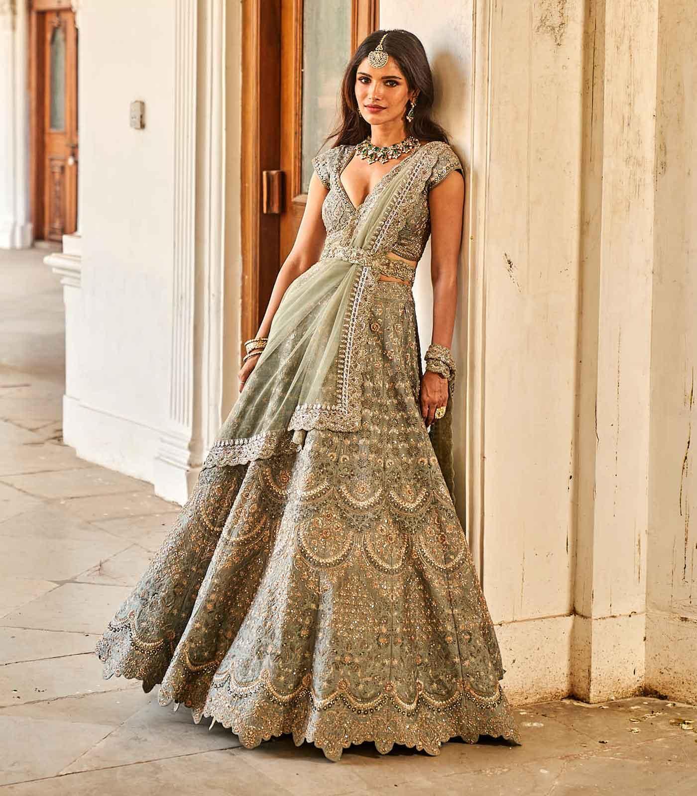 Mint Mustard Embroidered Lehenga Set - Jayanti Reddy